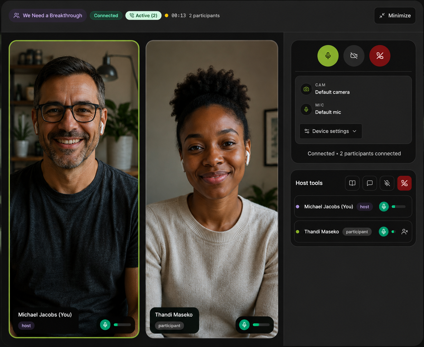 A live prayer call in session — participant grid with mic and camera controls.