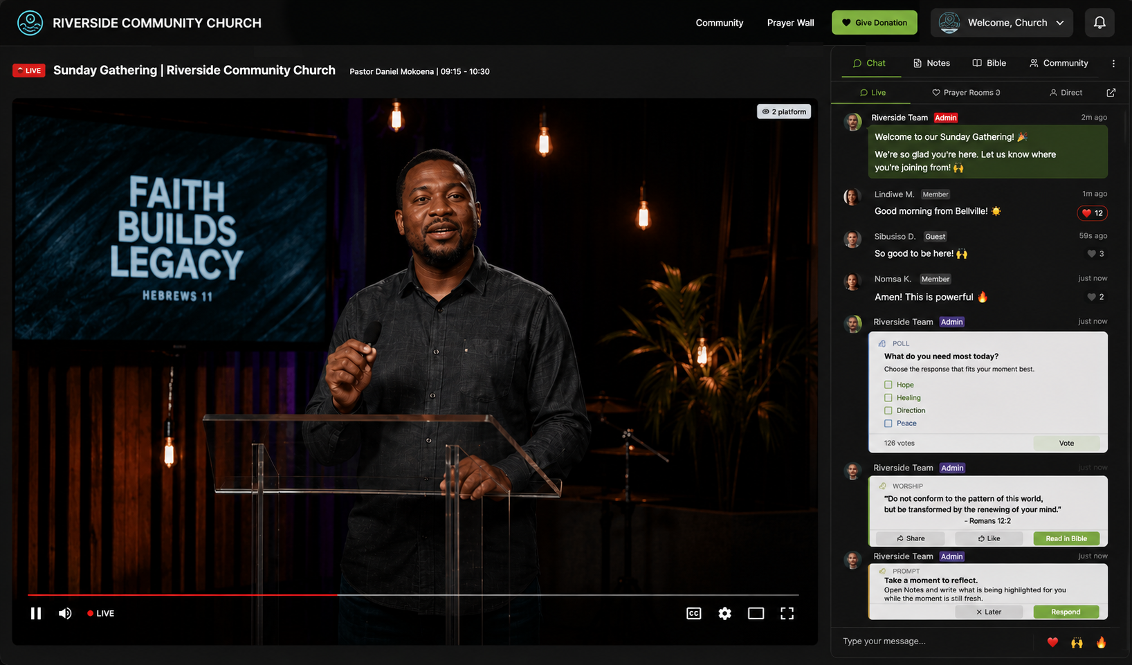 Viewer-facing live page — video, chat, and an engagement card side by side.