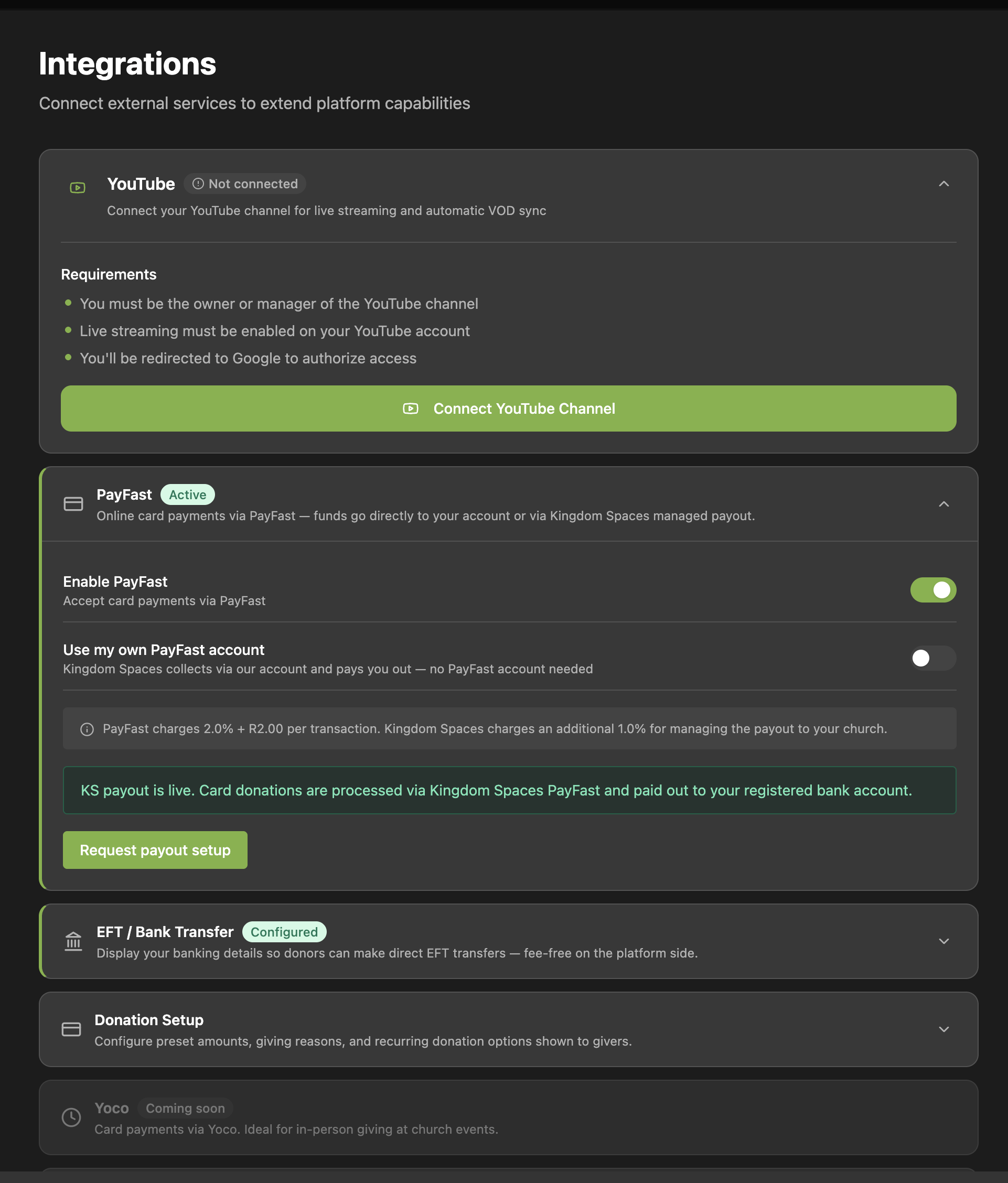 Integrations settings — choice between your own PayFast account or Kingdom Spaces-managed payout.