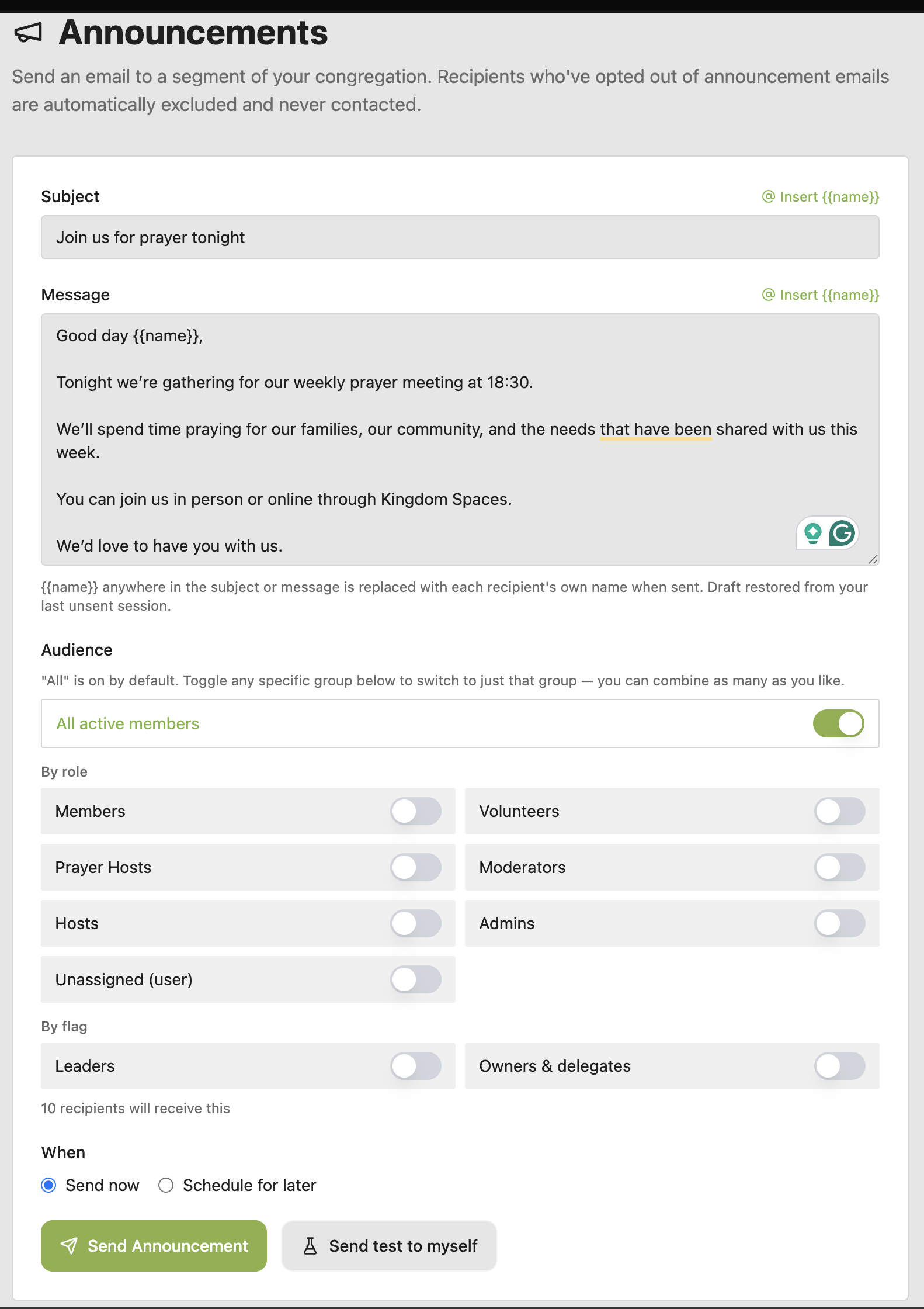 Announcements composer — subject/body, audience picker by role, and a live recipient-count preview.