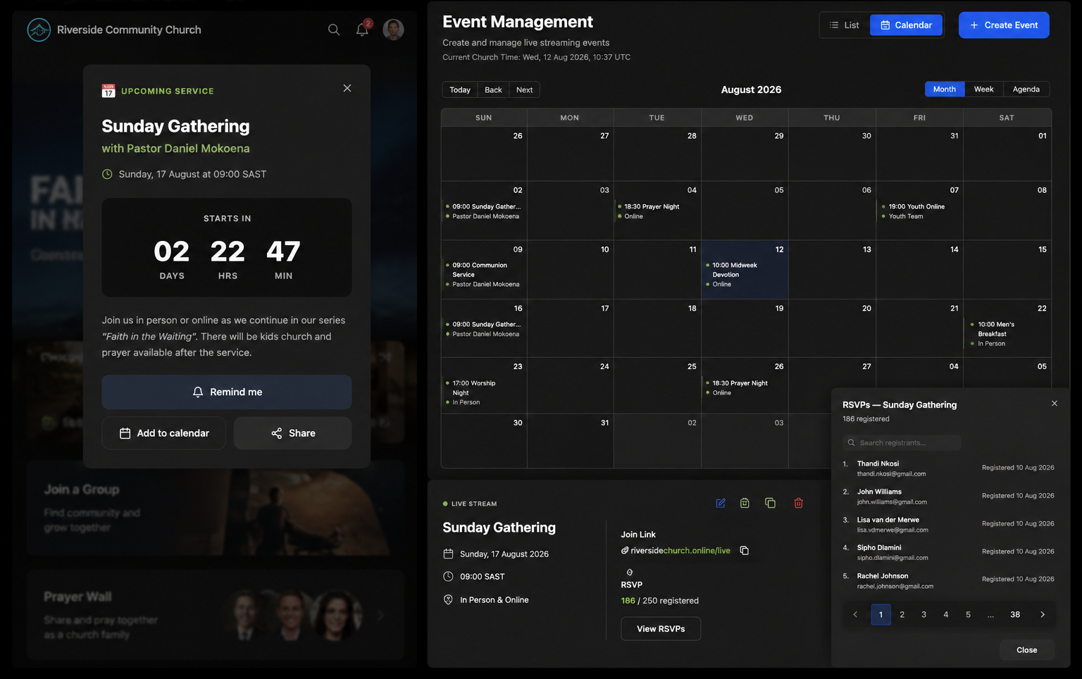 Event page with Remind me / Add to calendar, and the admin Event Management calendar with a live registered count.