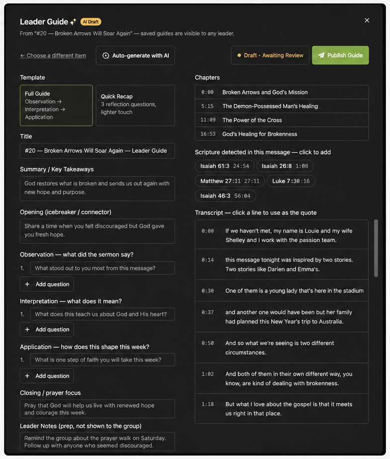 Leader guide builder — an AI-drafted guide awaiting staff review, with a Publish action.