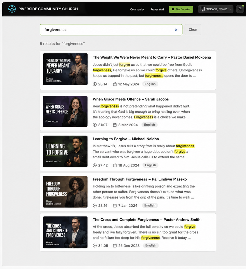 Full-text sermon search — highlighted matching snippets across sermon titles.