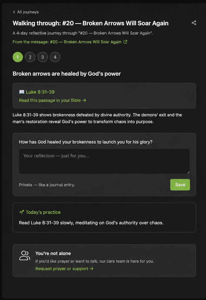 A published devotion day, member view — scripture, a reflection question, and a practice for the day.