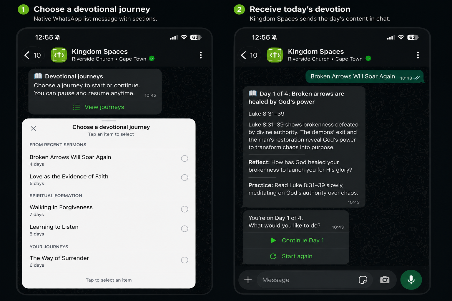 The devotion-journey picker in WhatsApp — a native list message showing journey titles and day counts, and the first day's content delivered in chat.