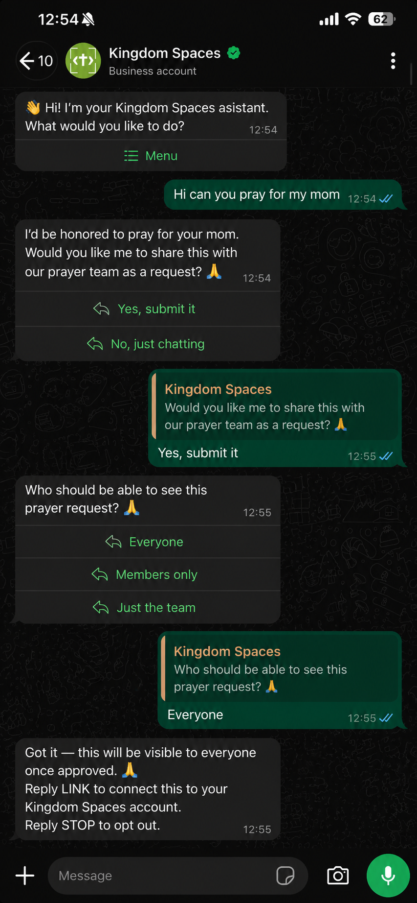 A real WhatsApp prayer thread — visibility-choice buttons (Everyone / Members only / Just the team) and a care-team reply.